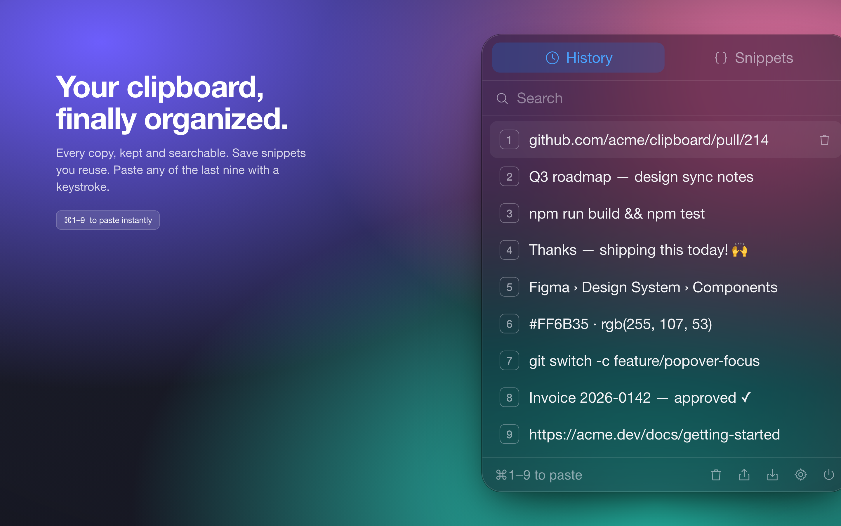 NipStash clipboard history popover showing the last nine copied items, each with a ⌘ number shortcut, over a colorful desktop.