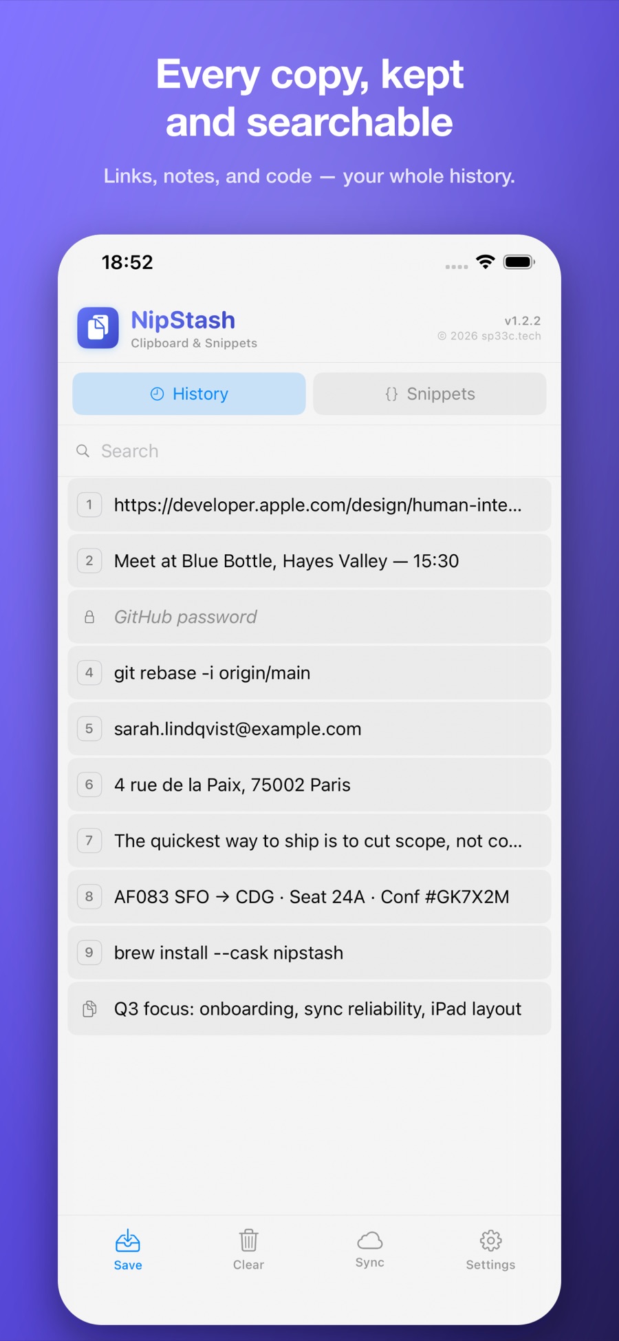 NipStash for iPhone: clipboard history of links, notes, an email, a git command, and a Face ID–locked password.