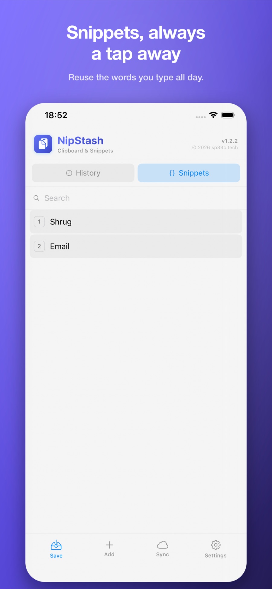 NipStash for iPhone: saved snippets ready to paste with a tap.