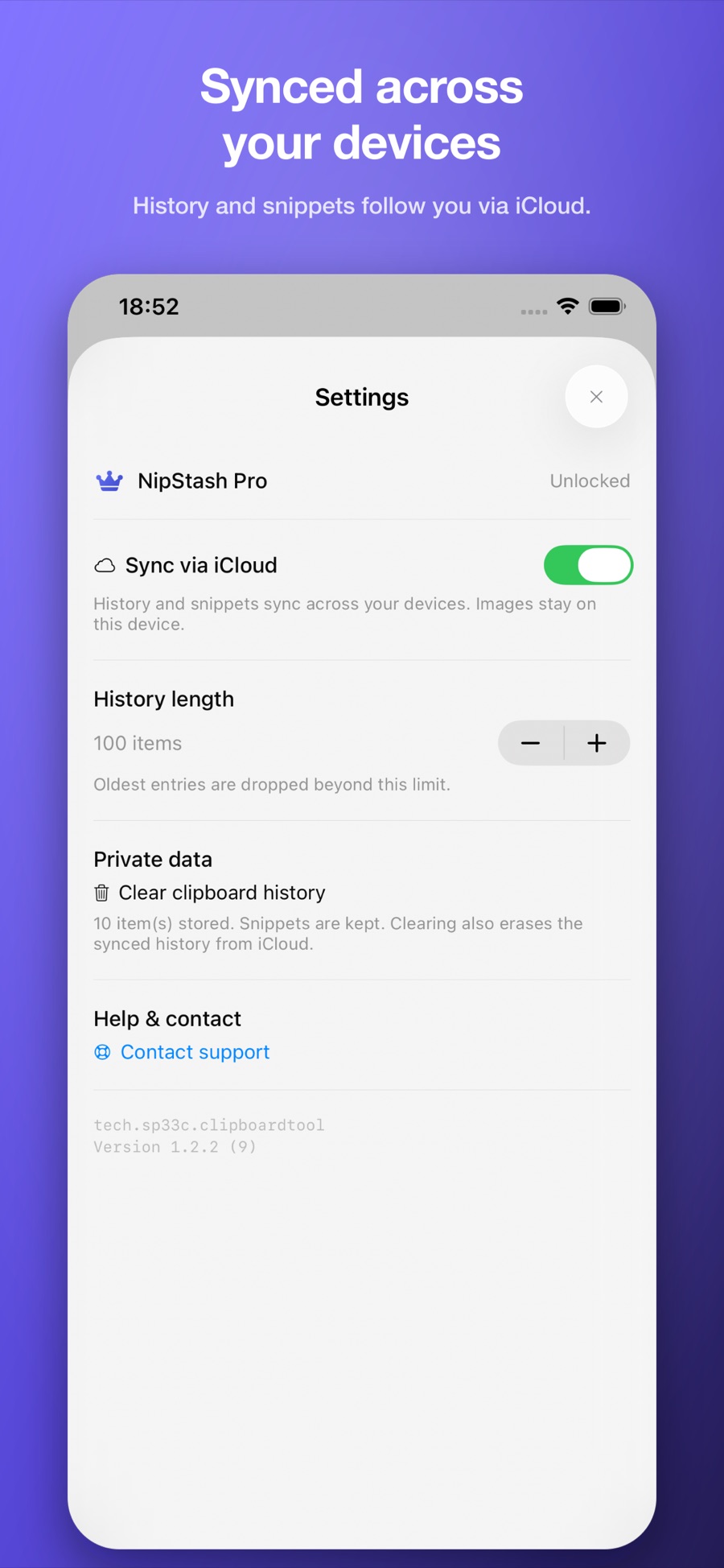 NipStash for iPhone: iCloud sync turned on so history and snippets follow you across devices.