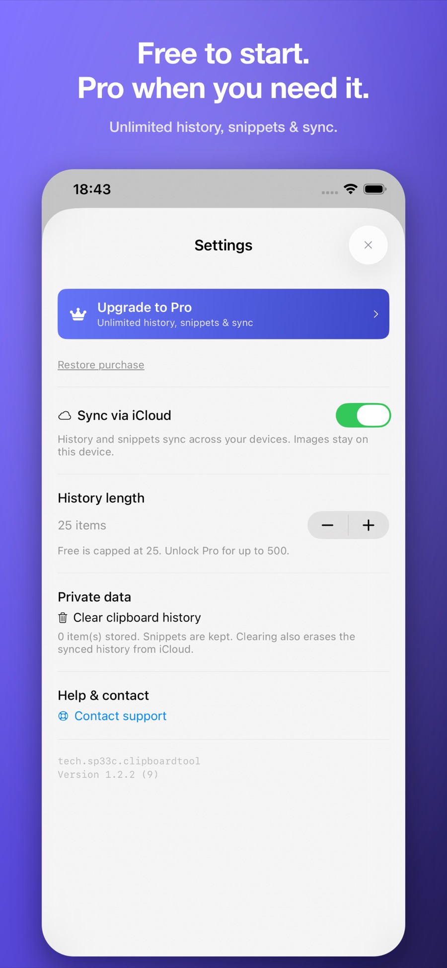 NipStash for iPhone: free to start, with a Pro upgrade for unlimited history, snippets, and sync.