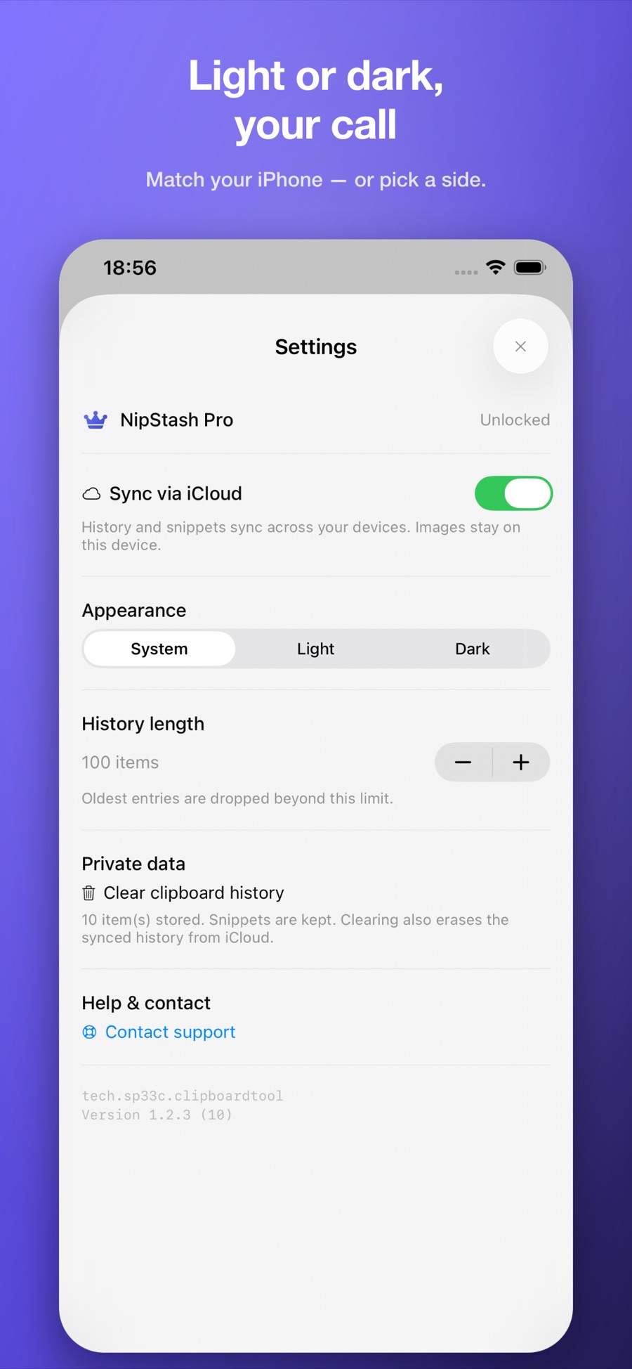 NipStash for iPhone: appearance set to System, Light, or Dark.